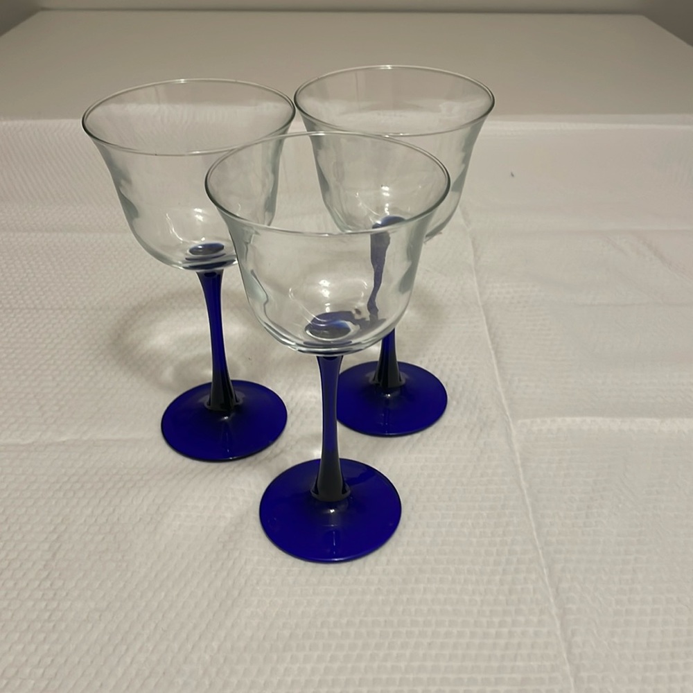 Vintage Cobalt Blue stem Tulip Shaped Wine Glass.  Set of 3.